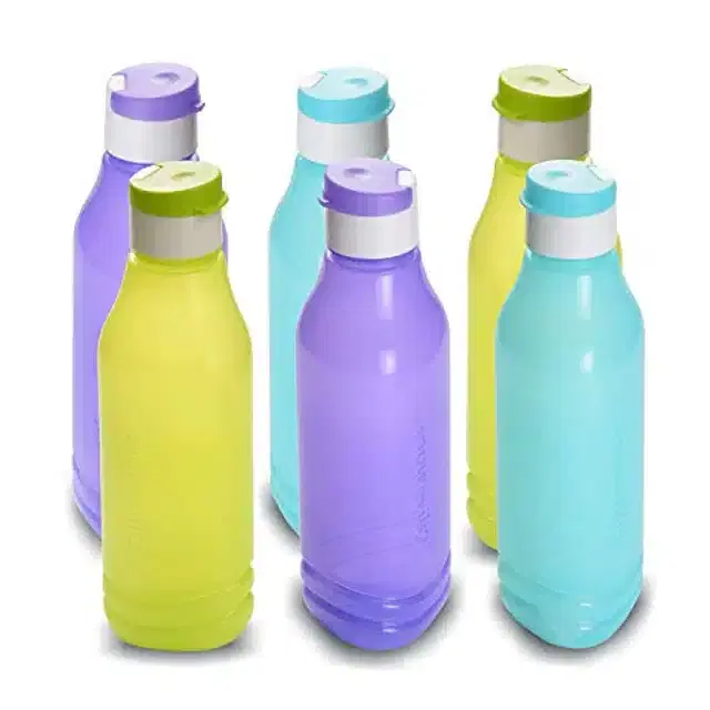 Airtight Plastic Water Bottle with Lid, Multicolor, 1000 ml, Pack of 6