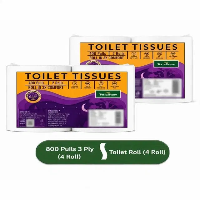Terrahome Toilet Tissue Paper Rolls, 3 Ply, 800 Pulls [4 X 200 Pulls] [Pack Of 2]