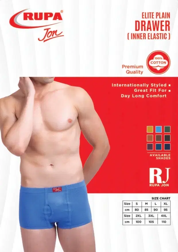 Rupa Jon Elite Plain Drawer Inner Elastic Briefs for Men  Assorted (85 CM) Pack of 1
