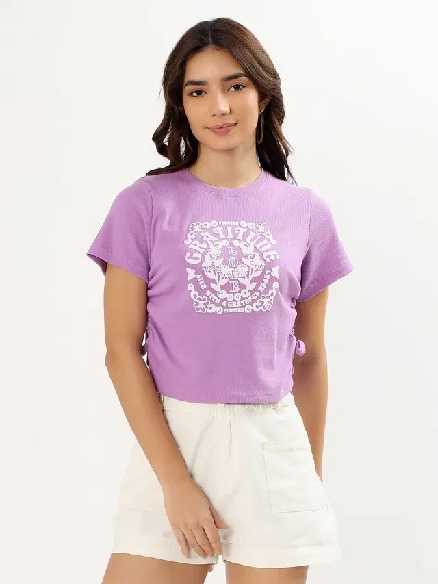 Round Neck Printed T-Shirt for Women, Purple (L)