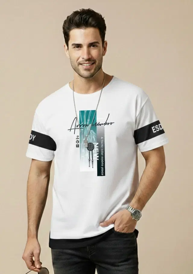 Polyester Printed T-shirt for Men, White (XL)