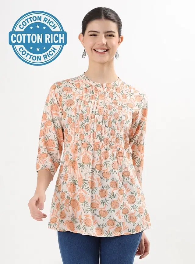 Womens Ethnic motif printed rayon short Kurti, Multicolor (L)