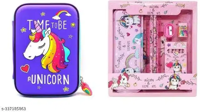 Unicorn Theme Pencil Case with Stationery Kit, Blue & Pink, Set of 2
