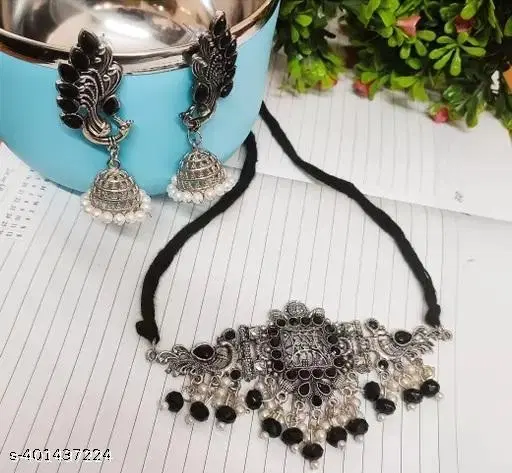 trendy black black white pearl choker set for women girl oxidized choker set necklace party ethnic