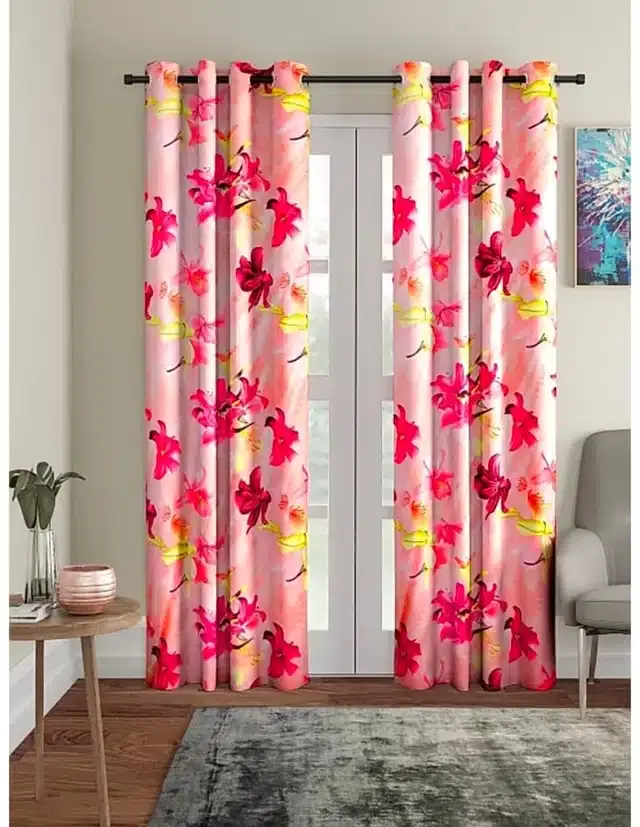 Polyester Printed Window & Door Curtains, Pack of 2, Maroon, 5 feet