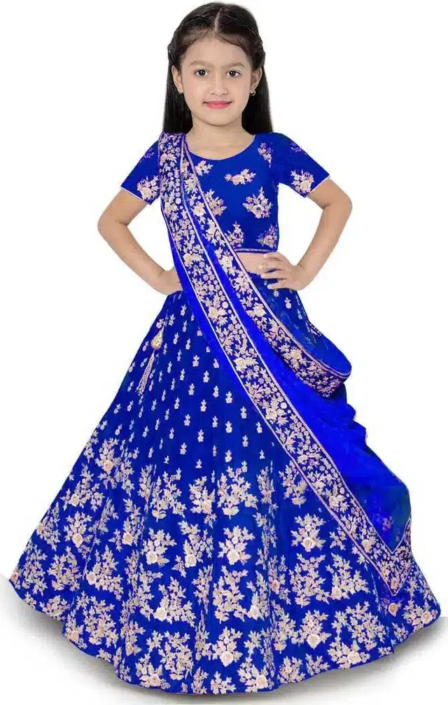 Net Embroidered Semi Stitched Lehenga for Girls (Blue, 3-4 Years)