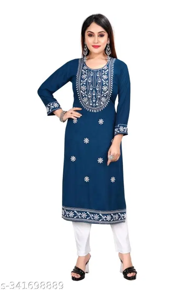 Rayon Slub Embroidered Kurta with Pant for Women (Navy Blue, 4XL)