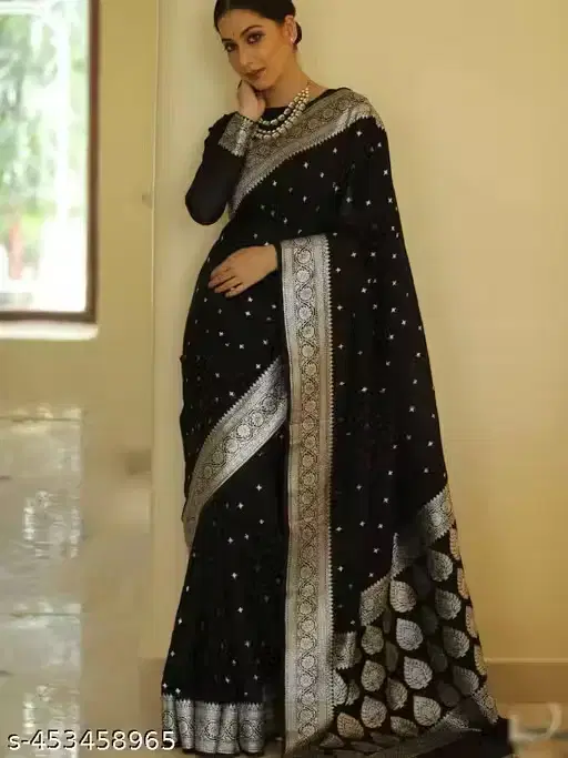 Booti Print Banarasi Silk Womens Sarees for Women ,Black (6.3 m)