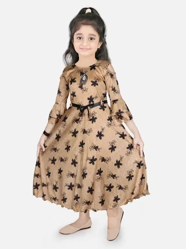 Three Quarter Sleeves Gown for Girls (Brown, 11-12 Years)