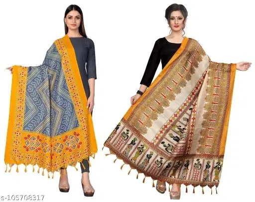 Printed Khadi Cotton Dupatta with Tassels for Women, Pack of 2 (Multicolor, One Size)