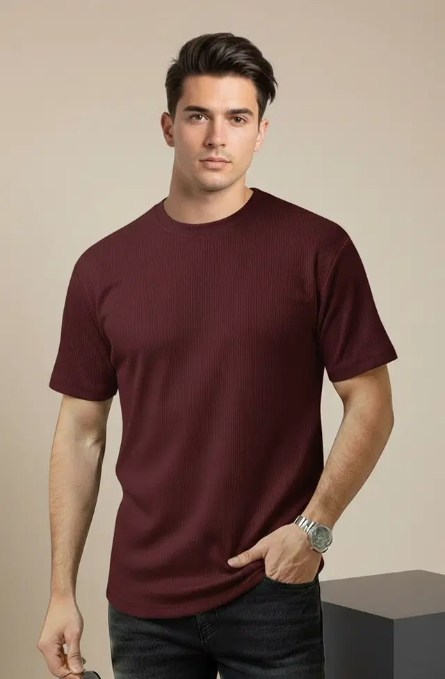 Polyester Round Neck T-shirt for Men, Maroon (XL)