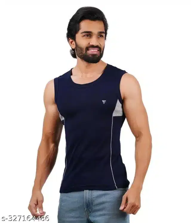 Cotton Gym Vest for Men (Navy Blue, M)