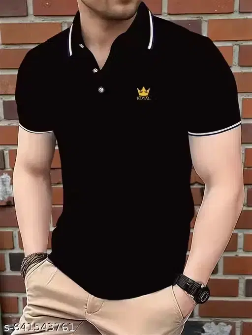 Collar Neck Solid T-shirts for Men (Black, M)