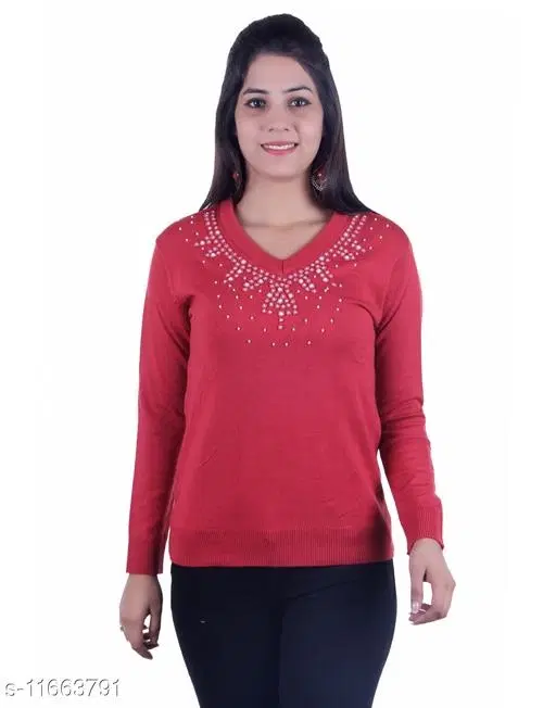 Acrylic Embellished Sweater for Women (Red, L)