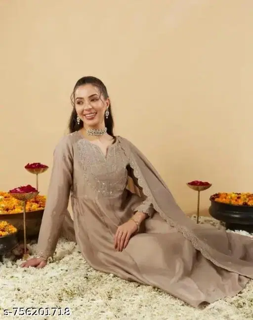 Embroidered Acrylic Kurta Set for Women (Beige, S)