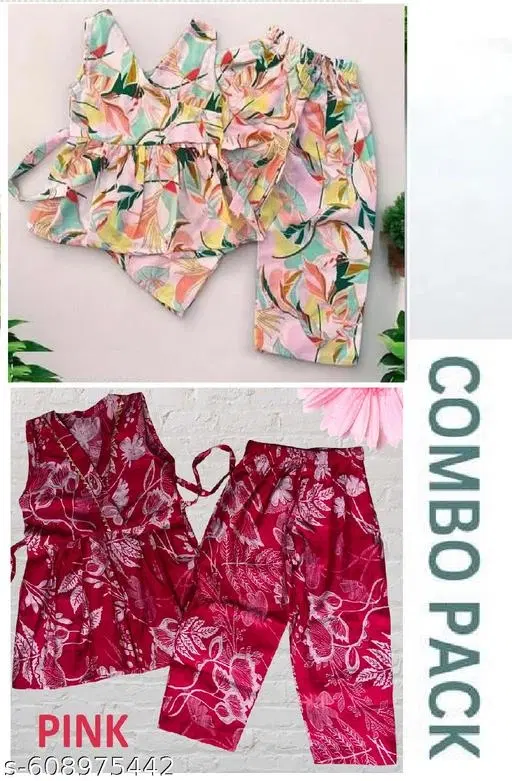 Rayon Slub Printed Clothing Set for Girls, Multicolour & Maroon, Pack of 2 (11-12 Years)