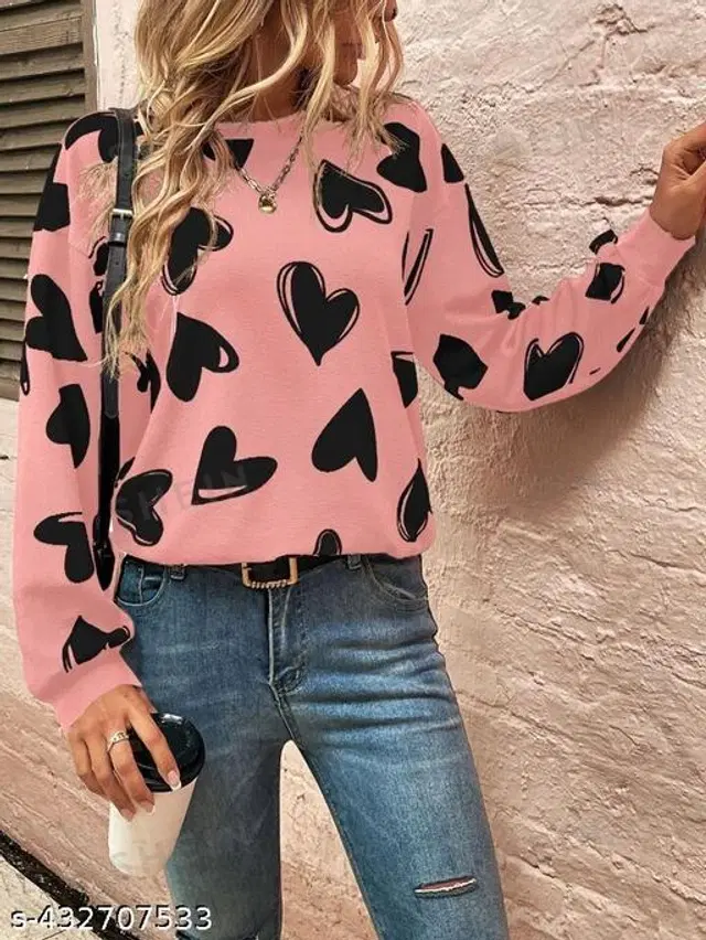 Cotton Printed Sweatshirt for Women (Pink, S)