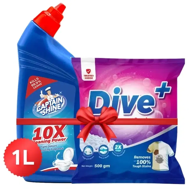Captain Shine Disinfectant Toilet Cleaner 1 L + Dive+ Active Detergent Powder 500 g