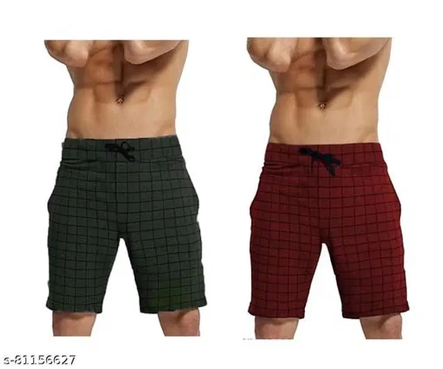 Cotton Shorts for Men, Pack of 2 (Bottle Green & Maroon, 30)