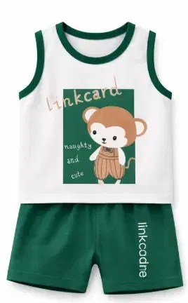 Teddy Bear Print Cotton Clothing Set for Kids ,Green & White (3-4 Years)