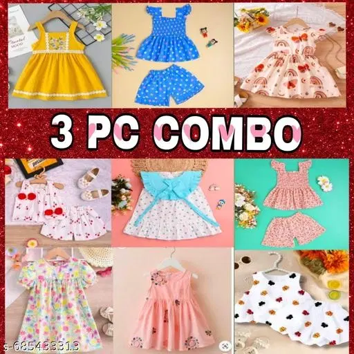 Cotton Dress for Girls, Pack of 3 (White, 3-6 Months)