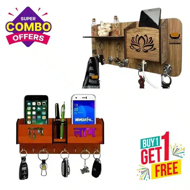 Wooden All in One Pens, Keys & Mobile Holder, Brown, Pack of 2