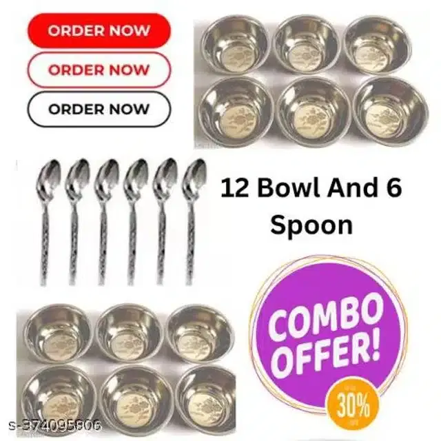 Stainless Steel 12 Pcs Bowls with 6 Pcs Spoon, Silver, Set of 2