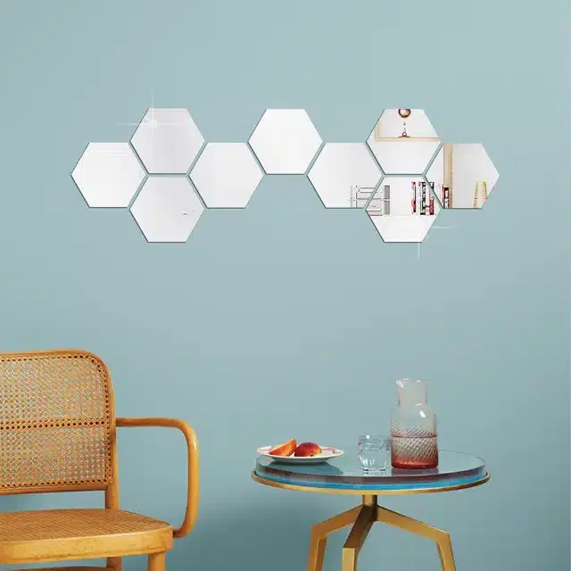 Acrylic Hexagon Shaped Wall Mirror Stickers, Silver, Pack of 9