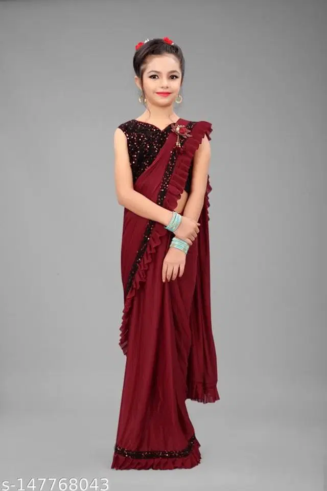 Solid Fancy Saree for Girls with Blouse (Maroon, 4-5 Years)