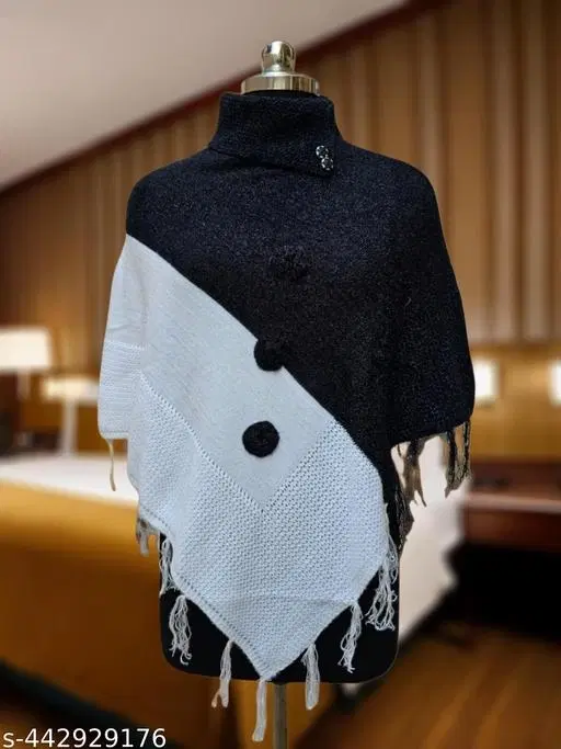 Woolen Poncho for Women (Black & White, Free Size)