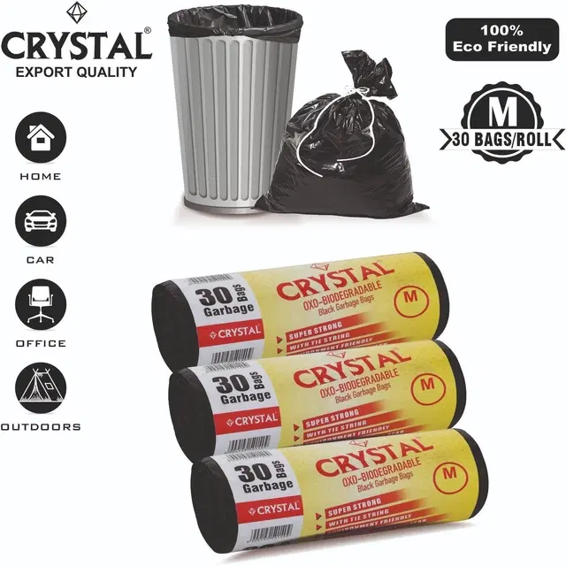 Crystal 30 Pcs Garbage Bags Rolls, Black, 25 L, Set of 3