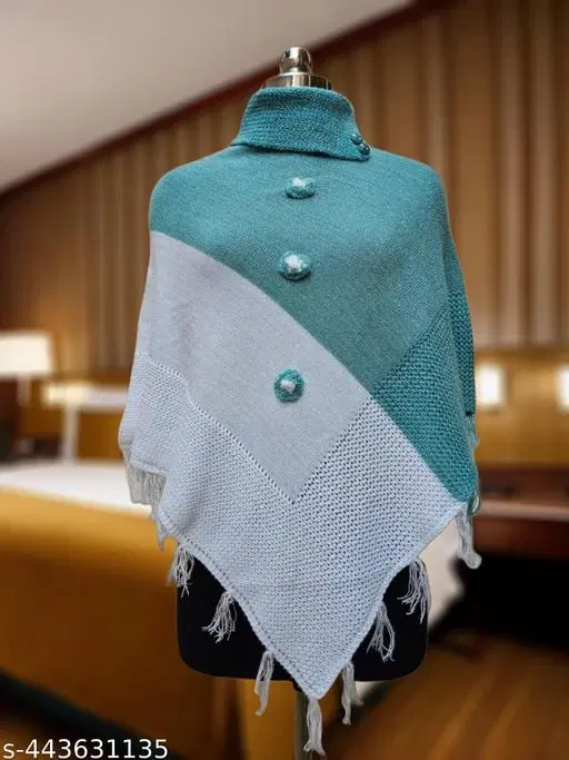 Woolen Poncho for Women (Sea Green & White, Free Size)