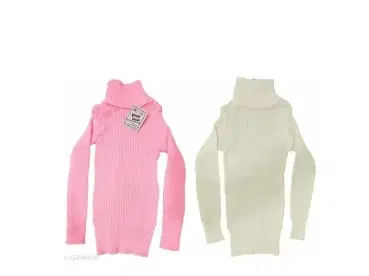 Woolen Solid High Neck Sweaters for Girls, Pack of 2 (Pink & White, 5-6 Years)