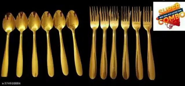 Plastic 6 Pcs Spoons with 6 Pcs Forks, Golden, Set of 2