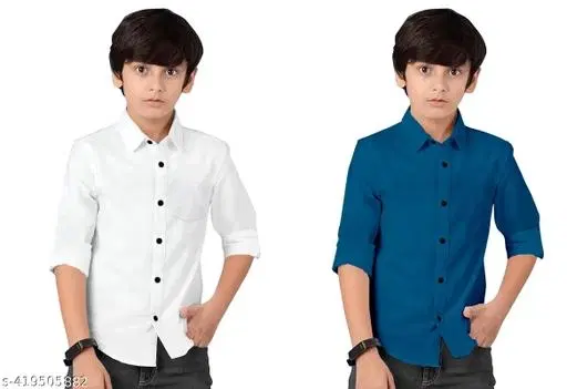 Solid Cotton Blend Long Sleeve Shirt for Boys, Pack of 2 (Teal, 4-5 Years)