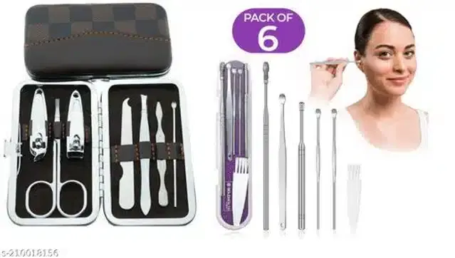 7 Pcs Stainless Steel Manicure set with 6 Pcs Ear Cleaning kit, Set of 2
