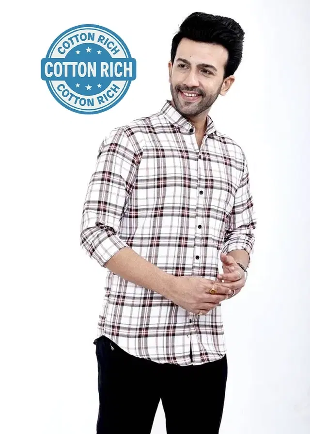 Cotton Blend Chequered Shirt for Men, White (XXL)