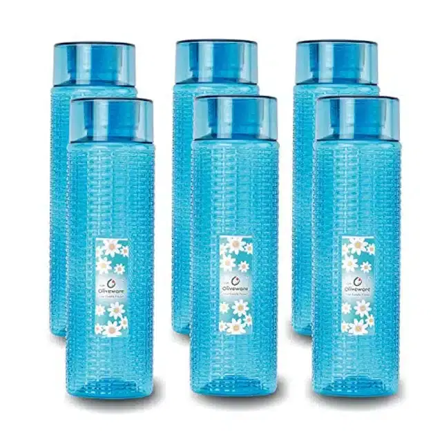 Airtight Plastic Water Bottle with Lid, Blue, 1000 ml, Pack of 6