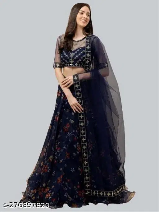 Lehenga Choli for Women (Blue, Semi Stitched)