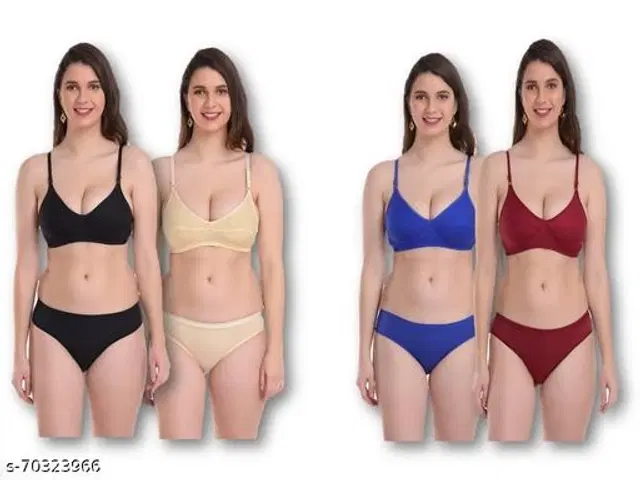 Cotton Blend Solid Lingerie Set for Women, Pack of 4 (Multicolor, 30A)