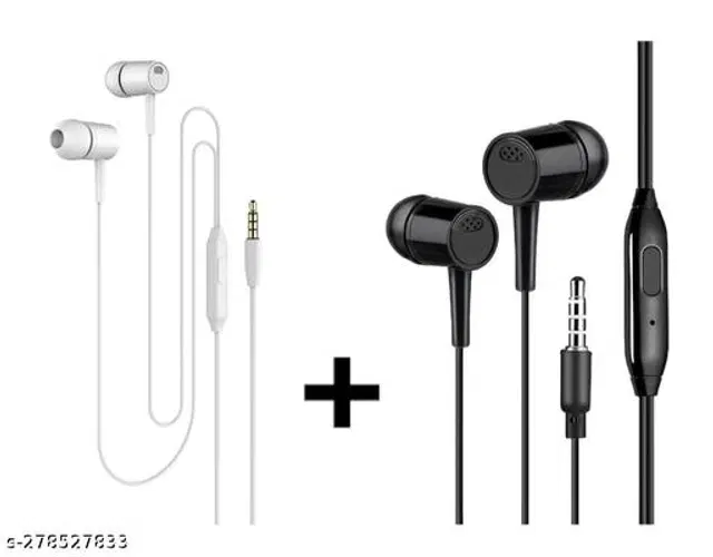 Premium 3.5 mm Jack Wired Earphones, White & Black, Pack of 2