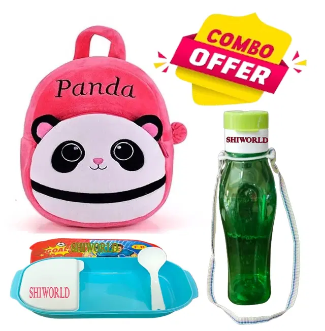 Combo of Fabric School Bag, Water Bottle with Lunch Box for Kids, Multicolor, Set of 3