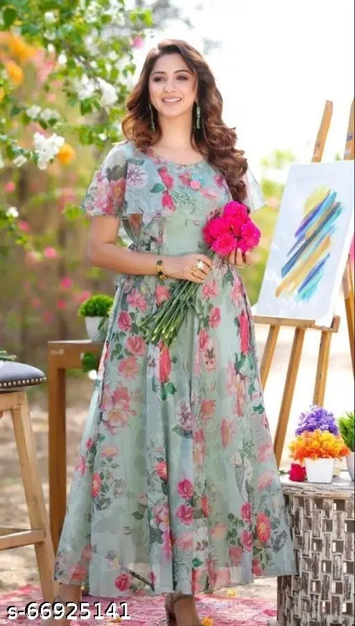 Georgette Dress for Women (Aqua Blue, M)