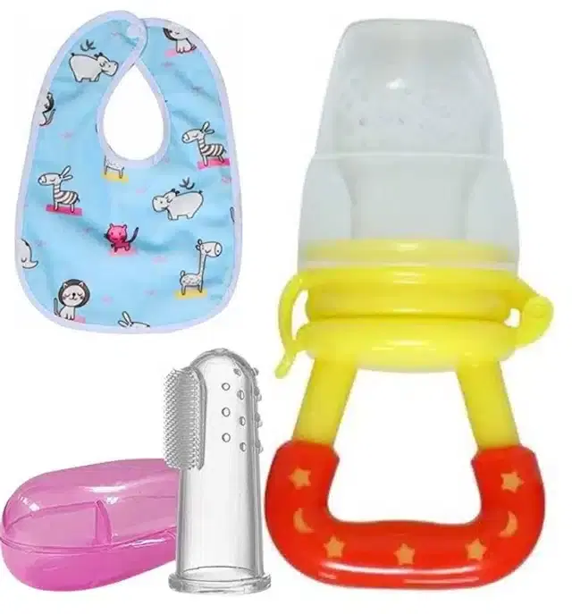 Silicone Fruit Feeder with Finger Brush & Bib for Kids, Multicolor, Set of 3