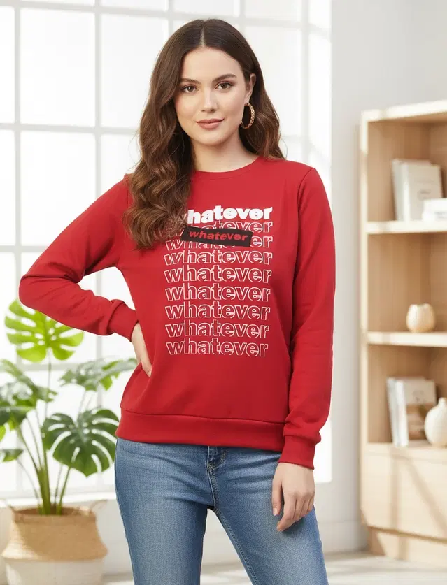 Fleece Printed Hoodie For Women, Red (S)