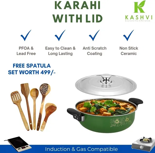 Cast Iron Kadai with 5 Pcs Spatula Set, Multicolor, Set of 2