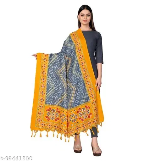 Printed Khadi Cotton Dupatta with Tassels for Women (Grey, One Size)