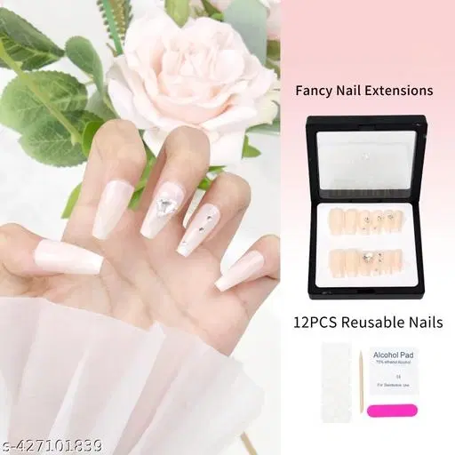 Kamz's Fake Nails Nail Extension Kit - Quick Fix Press On Nails, Aesthetic Acrylic Stick on Nails, Reusable, 12pcs Nails Set for Girls & Kids