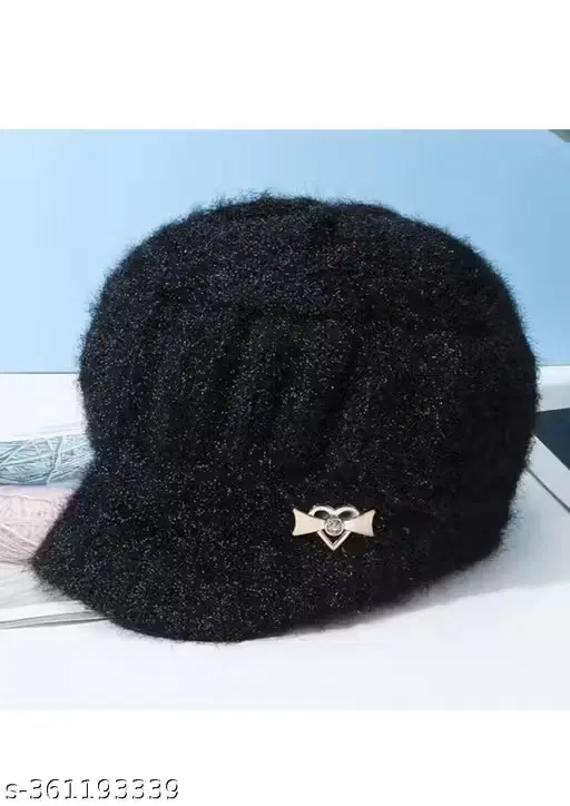 Woolen Solid Cap for Women (Black, 1 Pc)