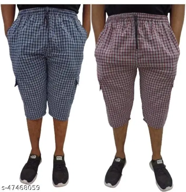Cotton Three Fourths for Mens, Pack of 2 (Blue & Red, 32)